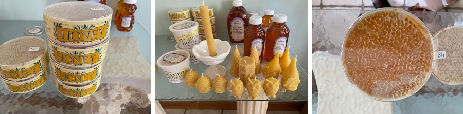 Our produce, including filtered, bottled honey, honey with comb, small tubs of honey cream, and beeswax candles of various sizes and designs.
